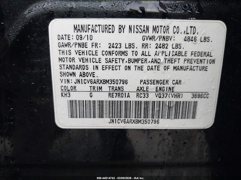 2011 Infiniti G37 VIN JN1CV6ARXBM350796 IAAI salvage auction — FRONT END, Salvage (Ohio), sold $600 on 2026-07-13 (photo 9)