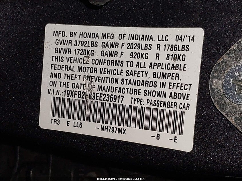 2014 Honda Civic VIN 19XFB2F89EE236917 IAAI salvage auction — LEFT FRONT, Salvage (New Jersey), sold $1,950 on 2026-07-27 (photo 9)
