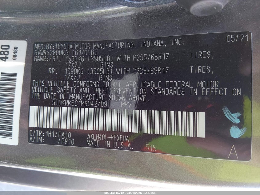 2021 Toyota Sienna VIN 5TDKRKEC1MS042709 IAAI salvage auction — LEFT SIDE, Salvage Title, sold $12,000 on 2026-07-24 (photo 9)