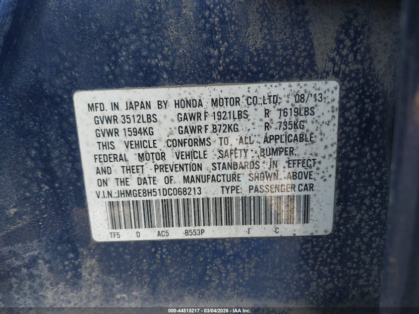 2013 Honda Fit VIN JHMGE8H51DC068213 IAAI salvage auction — FRONT END, Clear (Michigan), sold $375 on 2026-07-16 (photo 9)