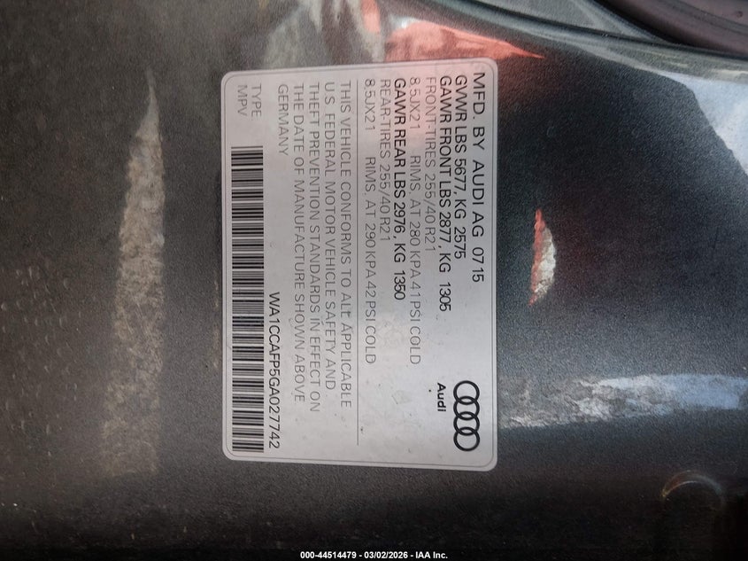 2016 Audi Q5 VIN WA1CCAFP5GA027742 IAAI salvage auction — TOTAL BURN, Salvage (Colorado), sold $425 on 2026-07-21 (photo 9)