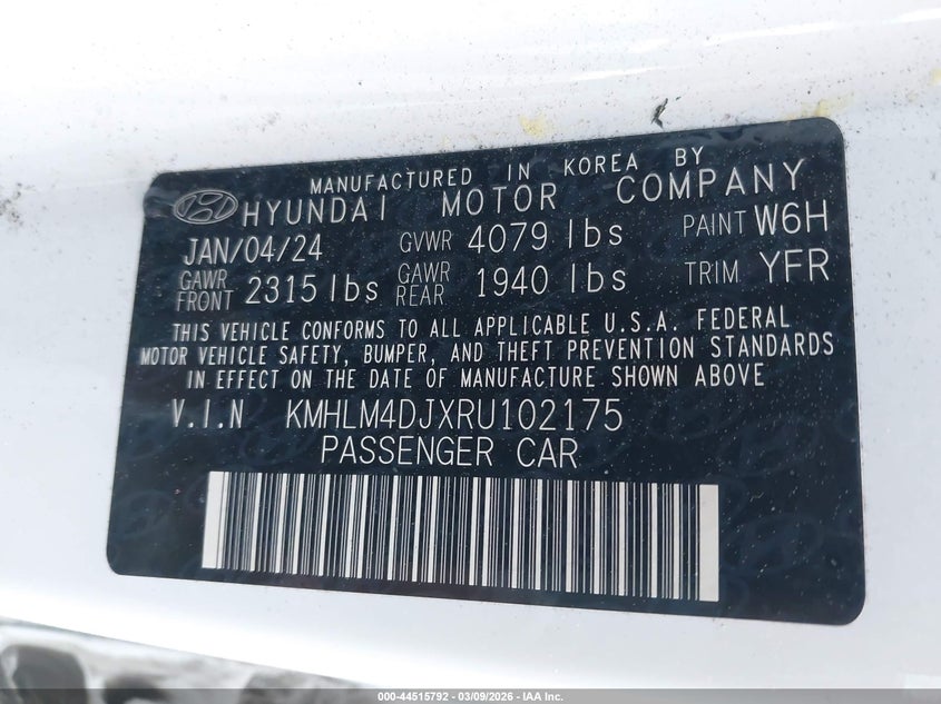 2024 Hyundai Elantra VIN KMHLM4DJXRU102175 IAAI salvage auction — LEFT SIDE, Salvage Title, sold $8,300 on 2026-08-21 (photo 9)
