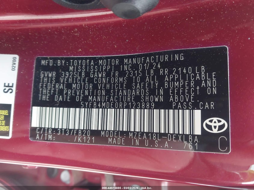 2024 Toyota Corolla VIN 5YFB4MDE0RP123889 IAAI salvage auction — LEFT FRONT, Other, sold $3,550 on 2026-07-22 (photo 9)