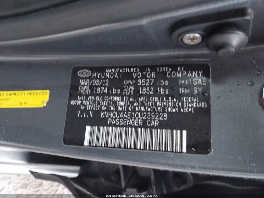 2012 Hyundai Accent VIN KMHCU4AE1CU239228 IAAI salvage auction — LEFT SIDE, Salvage (New Jersey), sold $1,100 on 2026-07-28 (photo 9)