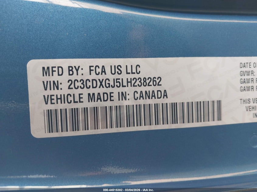 2020 Dodge Charger VIN 2C3CDXGJ5LH238262 IAAI salvage auction — RIGHT SIDE, Salvage Title, sold $10,800 on 2026-07-28 (photo 9)