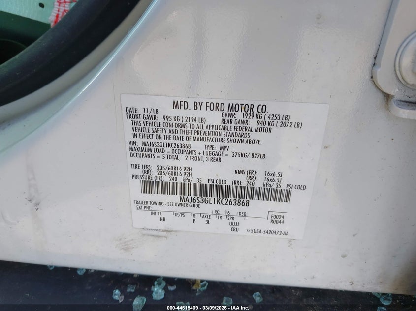 2019 Ford Ecosport VIN MAJ6S3GL1KC263868 IAAI salvage auction — ROLLOVER, Salvage Title, sold $275 on 2026-07-21 (photo 9)
