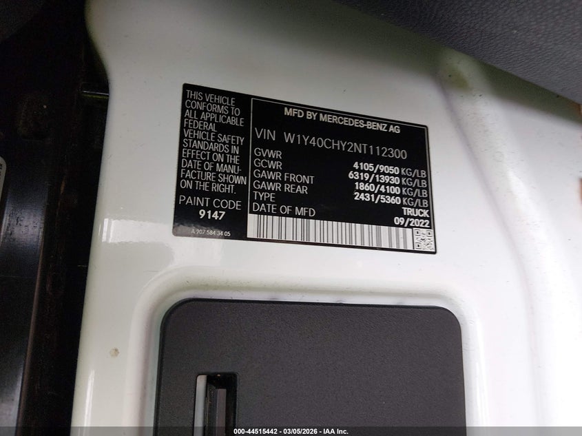 2022 Mercedes-benz Sprinter VIN W1Y40CHY2NT112300 IAAI salvage auction — ALL OVER, Salvage Title, sold $4,650 on 2026-07-22 (photo 9)