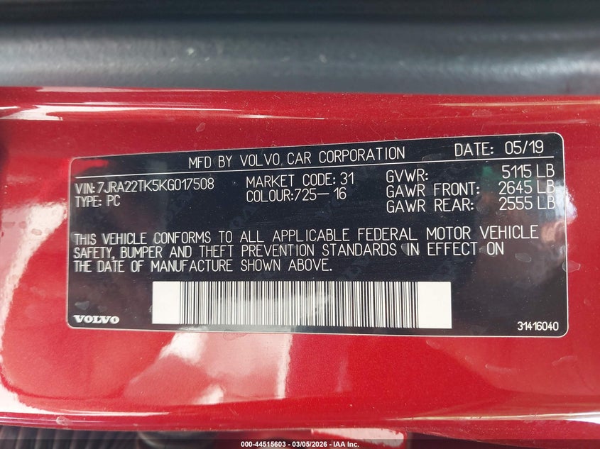 2019 Volvo S60 VIN 7JRA22TK5KG017508 IAAI salvage auction — REAR END, Salvage (Texas), sold $4,550 on 2026-07-27 (photo 9)