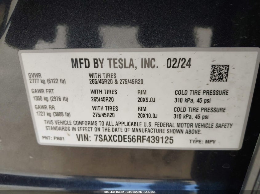 2024 Tesla Model x VIN 7SAXCDE56RF439125 IAAI salvage auction — REAR END, Salvage (California), sold $27,000 on 2026-07-24 (photo 9)