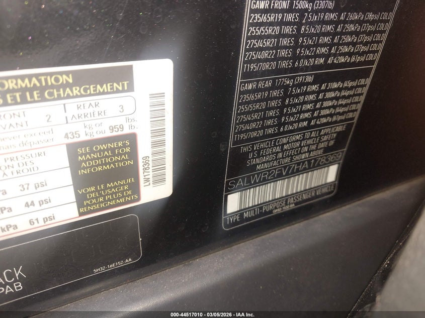2017 Land rover Range rover sport VIN SALWR2FV7HA178369 IAAI salvage auction — FRONT END, Clear (Georgia), sold $5,450 on 2026-07-22 (photo 9)