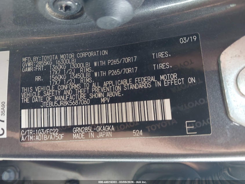 2019 Toyota 4runner VIN JTEBU5JR8K5687060 IAAI salvage auction — RIGHT FRONT, Original (Texas), sold $8,650 on 2026-07-20 (photo 9)