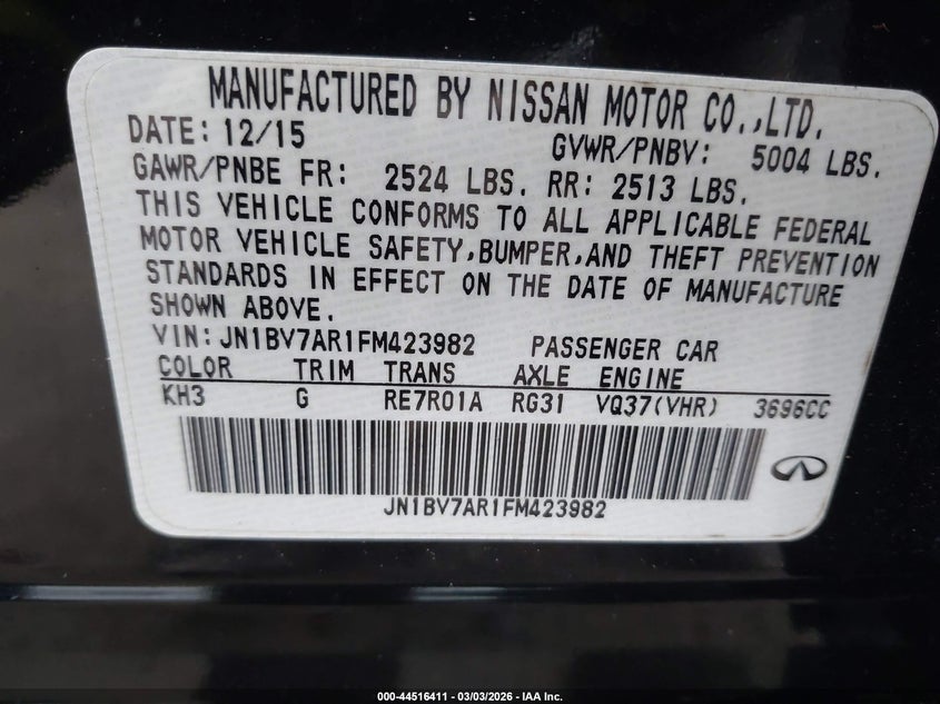 2015 Infiniti Q50 VIN JN1BV7AR1FM423982 IAAI salvage auction — RIGHT SIDE, Other, sold $25 on 2026-07-28 (photo 9)