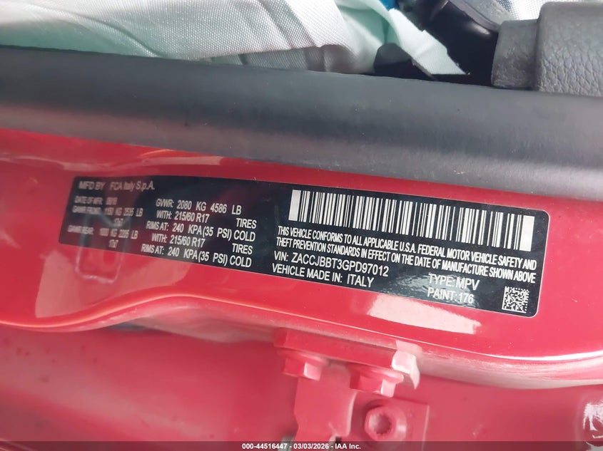 2016 Jeep Renegade VIN ZACCJBBT3GPD97012 IAAI salvage auction — FRONT END, Salvage Title, sold $525 on 2026-07-07 (photo 9)