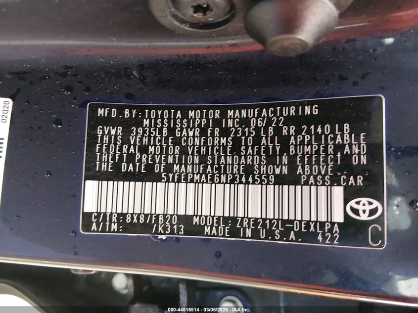 2022 Toyota Corolla VIN 5YFEPMAE6NP344559 IAAI salvage auction — REAR END, Salvage Title, sold $3,900 on 2026-07-28 (photo 9)