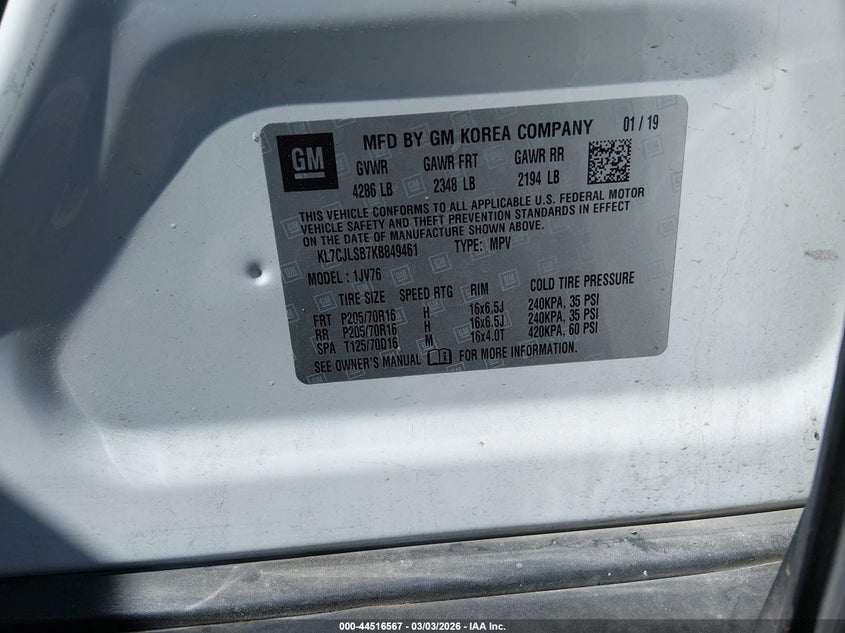 2019 Chevrolet Trax VIN KL7CJLSB7KB849461 IAAI salvage auction — FRONT END, Salvage (Nevada), sold $1,325 on 2026-07-31 (photo 9)