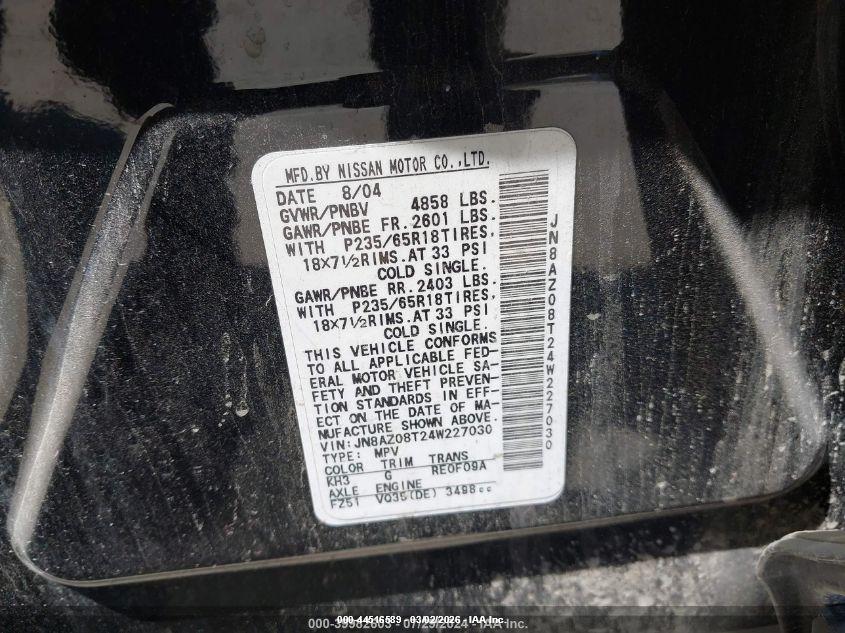 2004 Nissan Murano VIN JN8AZ08T24W227030 IAAI salvage auction — LEFT FRONT, Salvage (Idaho), sold $350 on 2026-07-15 (photo 9)