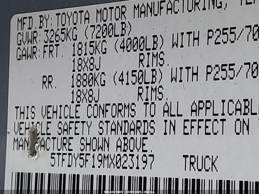 2021 Toyota Tundra VIN 5TFDY5F19MX023197 IAAI salvage auction — LEFT SIDE, Clear (Oklahoma), sold $17,400 on 2026-07-30 (photo 9)