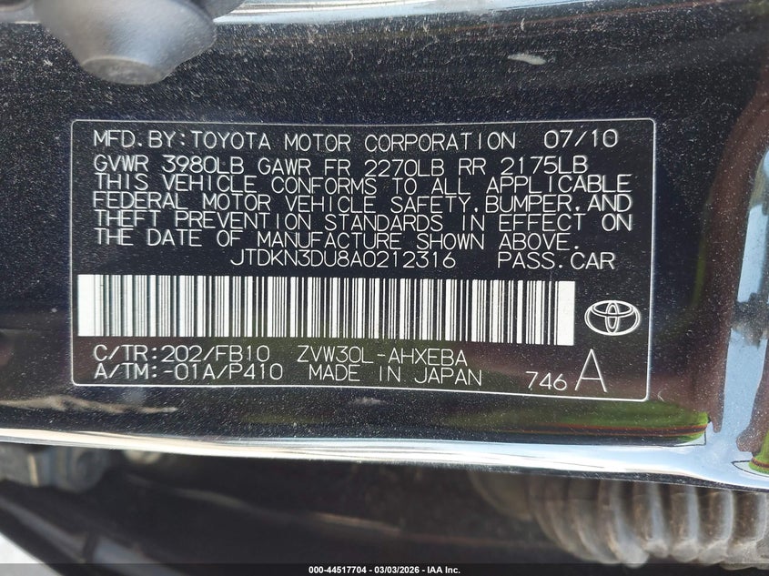 2010 Toyota Prius VIN JTDKN3DU8A0212316 IAAI salvage auction — LEFT SIDE, Salvage (California), sold $1,100 on 2026-07-15 (photo 9)