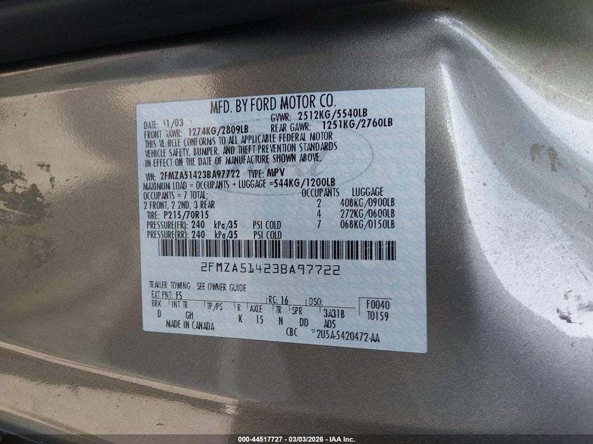 2003 Ford Windstar VIN 2FMZA51423BA97722 IAAI salvage auction — RIGHT SIDE, Salvage (North Carolina), sold $475 on 2026-07-08 (photo 9)