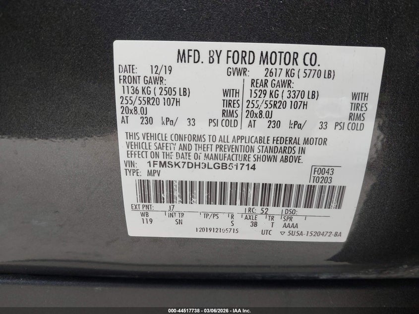 2020 Ford Explorer VIN 1FMSK7DH9LGB51714 IAAI salvage auction — RIGHT FRONT, Salvage Title, sold $5,850 on 2026-08-03 (photo 9)