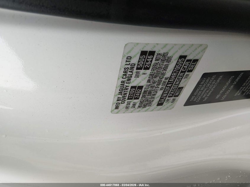 2010 Jaguar Xf VIN SAJWA0FA1AHR70595 IAAI salvage auction — FRONT END, Salvage (New Jersey), sold $550 on 2026-07-14 (photo 9)