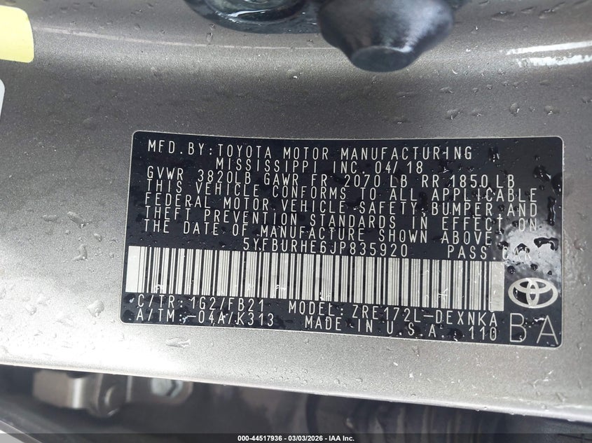 2018 Toyota Corolla VIN 5YFBURHE6JP835920 IAAI salvage auction — FRONT END, Salvage (Arkansas), sold $1,125 on 2026-07-29 (photo 9)
