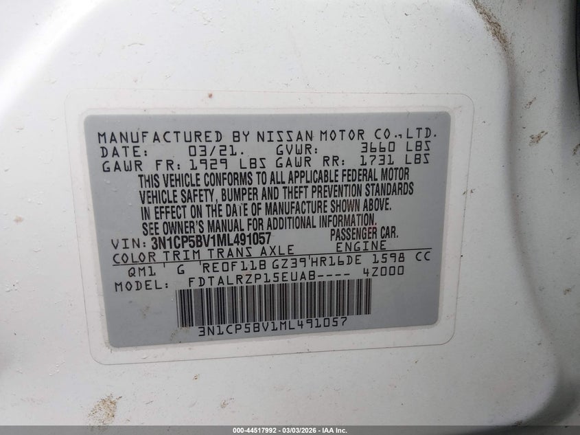 2021 Nissan Kicks VIN 3N1CP5BV1ML491057 IAAI salvage auction — LEFT FRONT, Salvage Title, sold $1,550 on 2026-07-19 (photo 9)