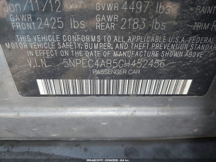 2012 Hyundai Sonata VIN 5NPEC4AB5CH452456 IAAI salvage auction — LEFT FRONT, Salvage Title, sold $725 on 2026-07-29 (photo 9)