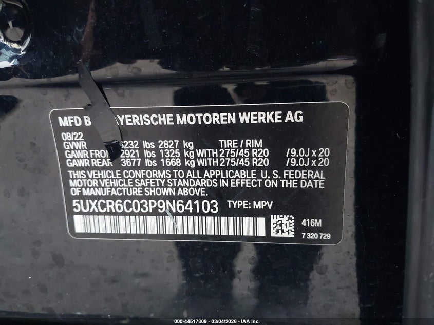 2023 BMW X5 VIN 5UXCR6C03P9N64103 IAAI salvage auction — LEFT FRONT, Salvage Title, sold $28,150 on 2026-07-16 (photo 9)