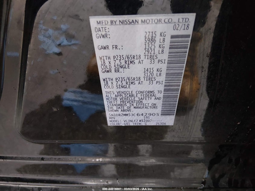 2018 Nissan Pathfinder VIN 5N1DR2MM5JC642905 IAAI salvage auction — FRONT END, Salvage (New Jersey), sold $1,550 on 2026-07-09 (photo 9)