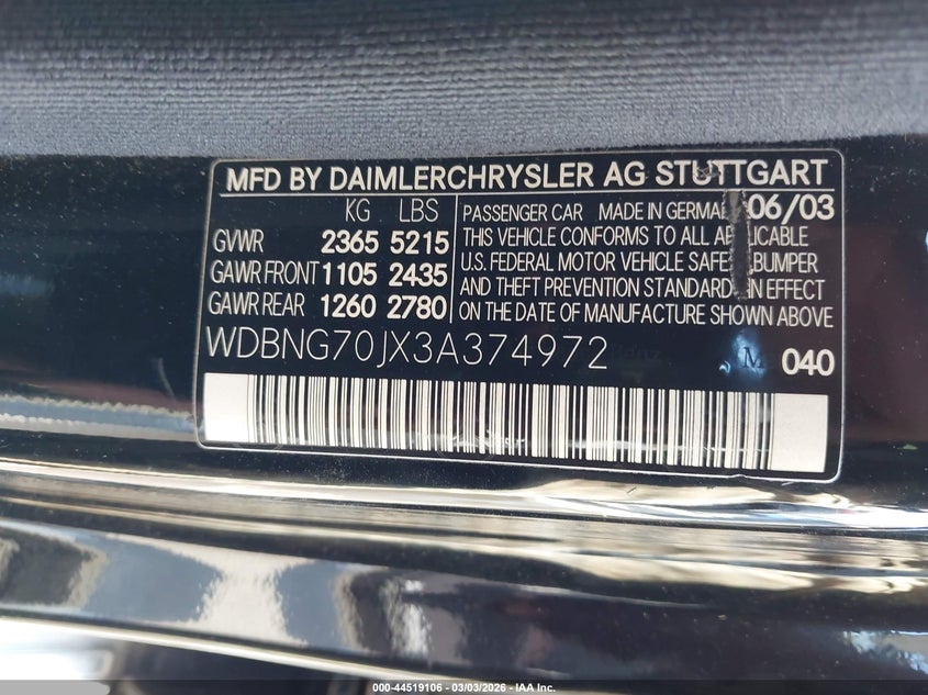 2003 Mercedes-benz S-klasse VIN WDBNG70JX3A374972 IAAI salvage auction — LEFT REAR, Original (Texas), sold $525 on 2026-07-07 (photo 9)