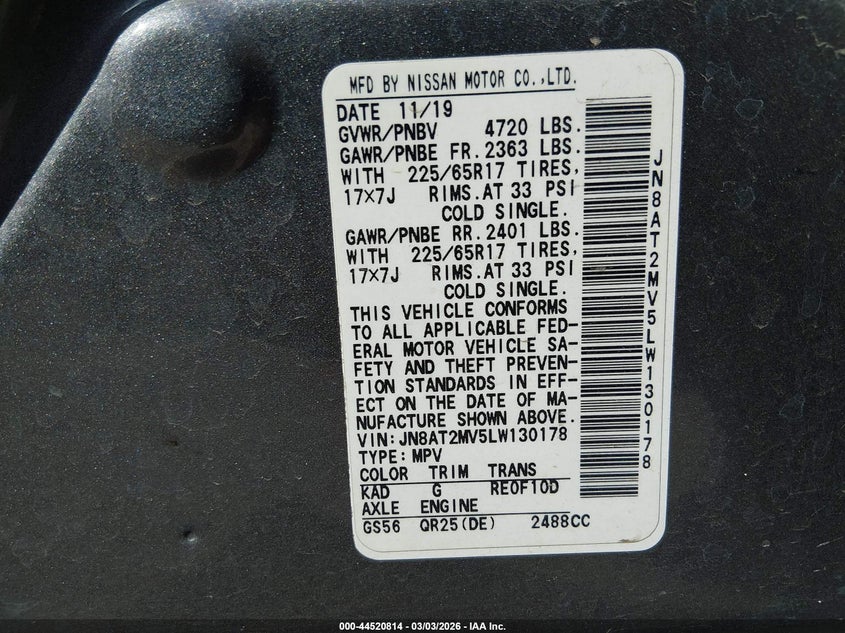 2020 Nissan Rogue VIN JN8AT2MV5LW130178 IAAI salvage auction — FRONT END, Salvage Title, sold $3,150 on 2026-07-14 (photo 9)