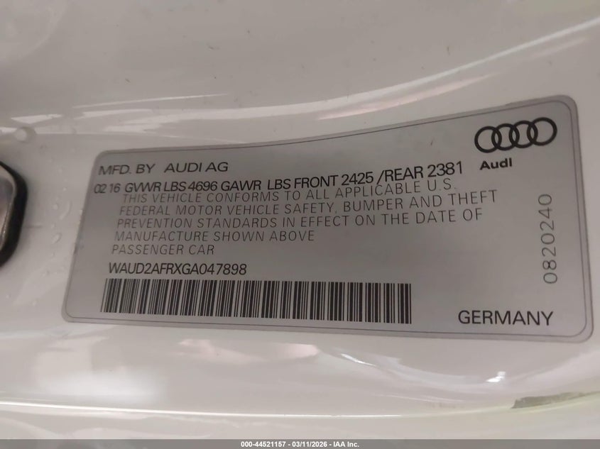2016 Audi A5 VIN WAUD2AFRXGA047898 IAAI salvage auction — SIDE, Salvage (Minnesota), sold $900 on 2026-08-03 (photo 9)