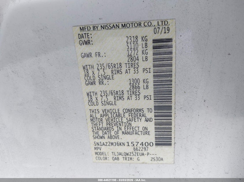 2019 Nissan Murano VIN 5N1AZ2MJ6KN157400 IAAI salvage auction — FRONT END, Salvage Title, sold $1,850 on 2026-07-31 (photo 9)