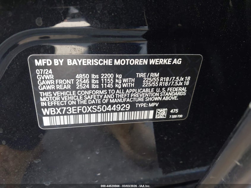 2025 BMW X1 VIN WBX73EF0XS5044929 IAAI salvage auction — RIGHT FRONT, Salvage Title, sold $7,875 on 2026-07-09 (photo 9)