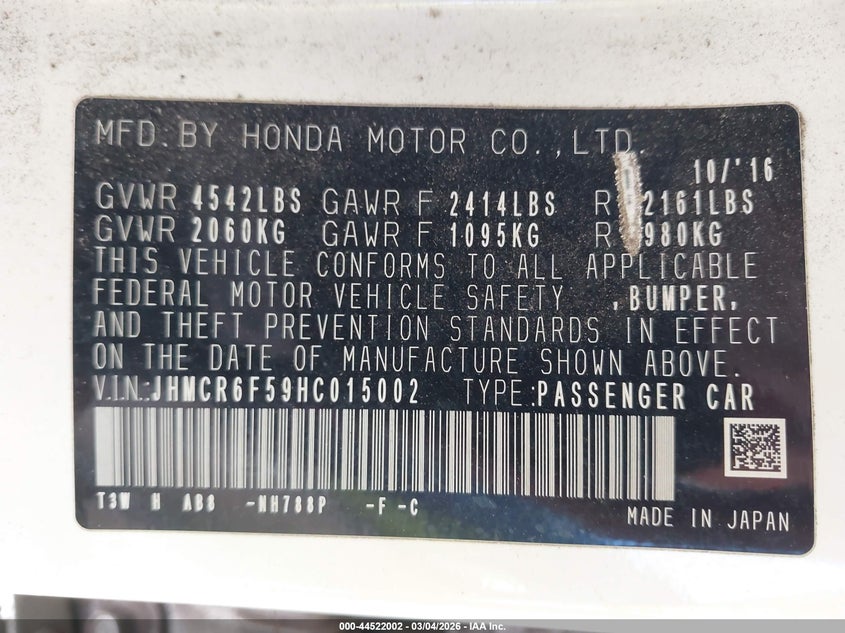 2017 Honda Accord VIN JHMCR6F59HC015002 IAAI salvage auction — FRONT END, Salvage Title, sold $2,300 on 2026-07-14 (photo 9)