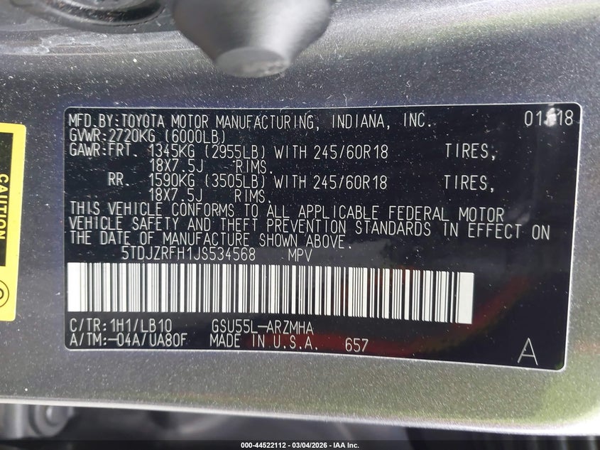 2018 Toyota Highlander VIN 5TDJZRFH1JS534568 IAAI salvage auction — FRONT & REAR, Salvage Title, sold $2,700 on 2026-07-08 (photo 9)