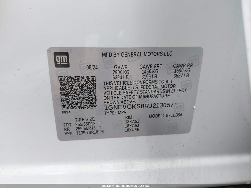 2024 Chevrolet Traverse VIN 1GNEVGKS0RJ213057 IAAI salvage auction — RIGHT SIDE, Salvage (Georgia), sold $10,000 on 2026-09-16 (photo 9)