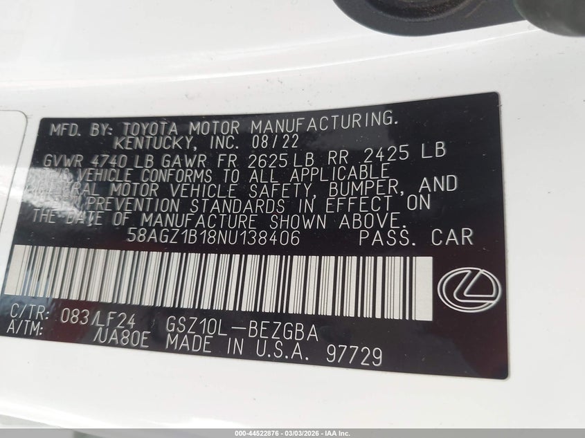 2022 Lexus ES VIN 58AGZ1B18NU138406 IAAI salvage auction — FRONT END, Salvage (Alabama), sold $16,000 on 2026-07-29 (photo 9)