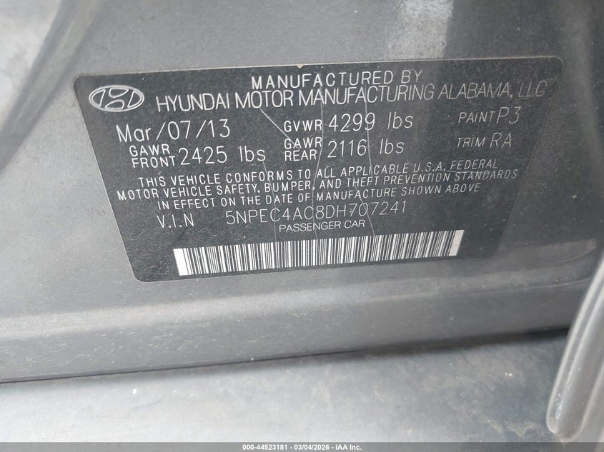 2013 Hyundai Sonata VIN 5NPEC4AC8DH707241 IAAI salvage auction — LEFT & RIGHT, Salvage Title, sold $1,300 on 2026-07-27 (photo 9)