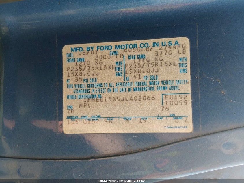 1988 Ford Bronco VIN 1FMEU15N9JLA02068 IAAI salvage auction — MECHANICAL, Bill Of Sale (Colorado), sold $750 on 2026-07-07 (photo 9)