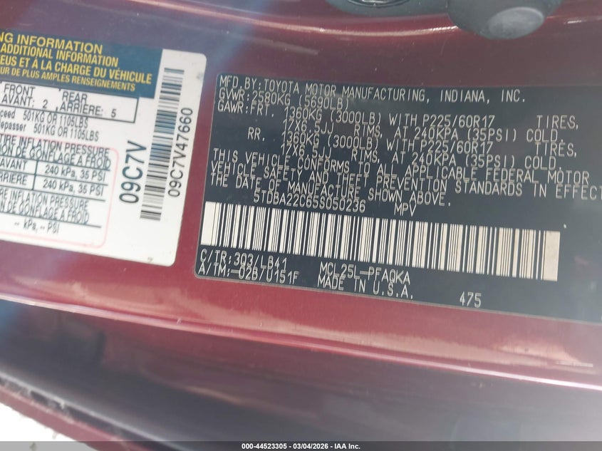 2005 Toyota Sienna VIN 5TDBA22C65S050236 IAAI salvage auction — NORMAL WEAR, Clear - Public Restricted (Oregon), sold $200 on 2026-07-13 (photo 9)