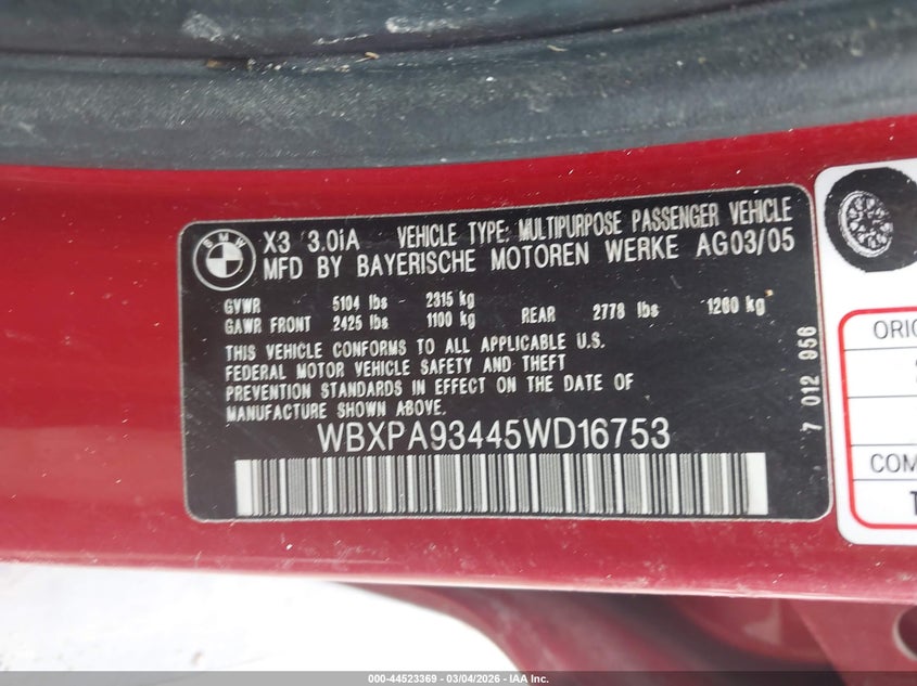 2005 BMW X3 VIN WBXPA93445WD16753 IAAI salvage auction — REAR END, Salvage (Kansas), sold $900 on 2026-07-22 (photo 9)