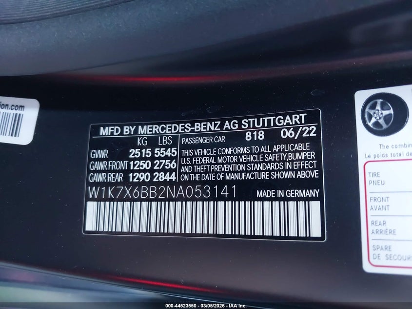 2022 Mercedes-benz VIN W1K7X6BB2NA053141 IAAI salvage auction — RIGHT FRONT, Salvage Title, sold $47,150 on 2026-08-12 (photo 9)