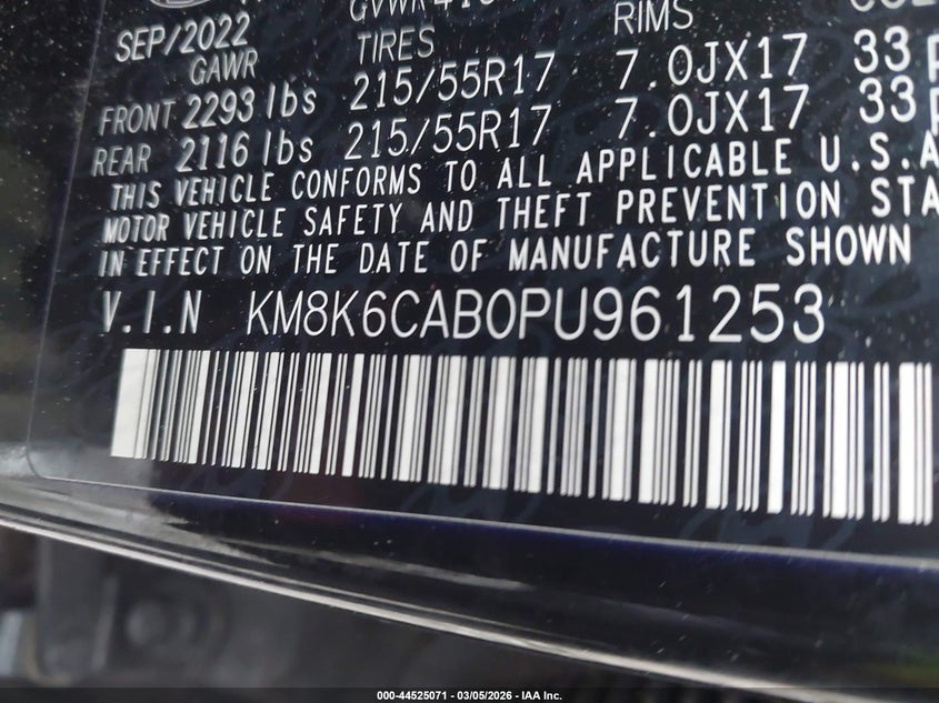 2023 Hyundai Kona VIN KM8K6CAB0PU961253 IAAI salvage auction — FRONT END, Salvage Title, sold $2,450 on 2026-07-07 (photo 9)