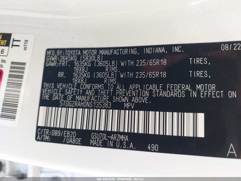 2022 Toyota Highlander VIN 5TDGZRAH0NS135383 IAAI salvage auction — LEFT REAR, Salvage (North Carolina), sold $17,050 on 2026-07-08 (photo 9)