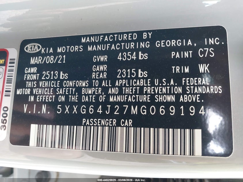 2021 Kia K5 VIN 5XXG64J27MG069194 IAAI salvage auction — RIGHT SIDE, Original (Texas), sold $2,300 on 2026-07-07 (photo 9)
