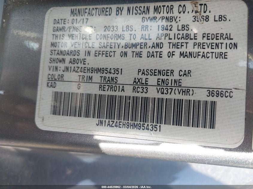 2017 Nissan 370z VIN JN1AZ4EH9HM954351 IAAI salvage auction — LEFT REAR, Salvage (North Carolina), sold $2,550 on 2026-07-29 (photo 9)