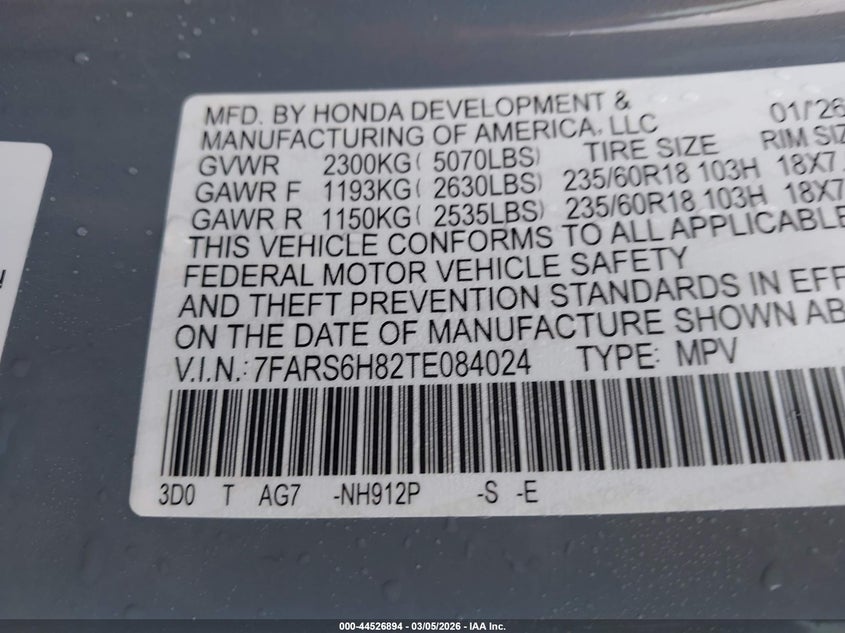 2026 Honda Cr-v VIN 7FARS6H82TE084024 IAAI salvage auction — FRONT END, Salvage Title, sold $15,200 on 2026-07-11 (photo 9)