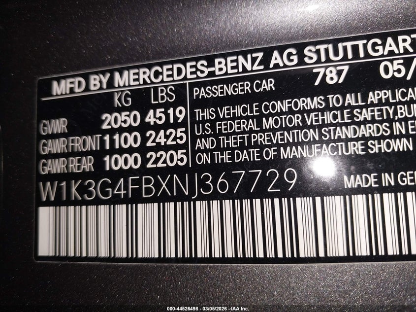 2022 Mercedes-benz A-klasse VIN W1K3G4FBXNJ367729 IAAI salvage auction — FRONT END, Salvage Title, sold $7,950 on 2026-08-17 (photo 9)